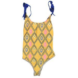 Aerie mustard yellow boho print one piece cheeky swim suit